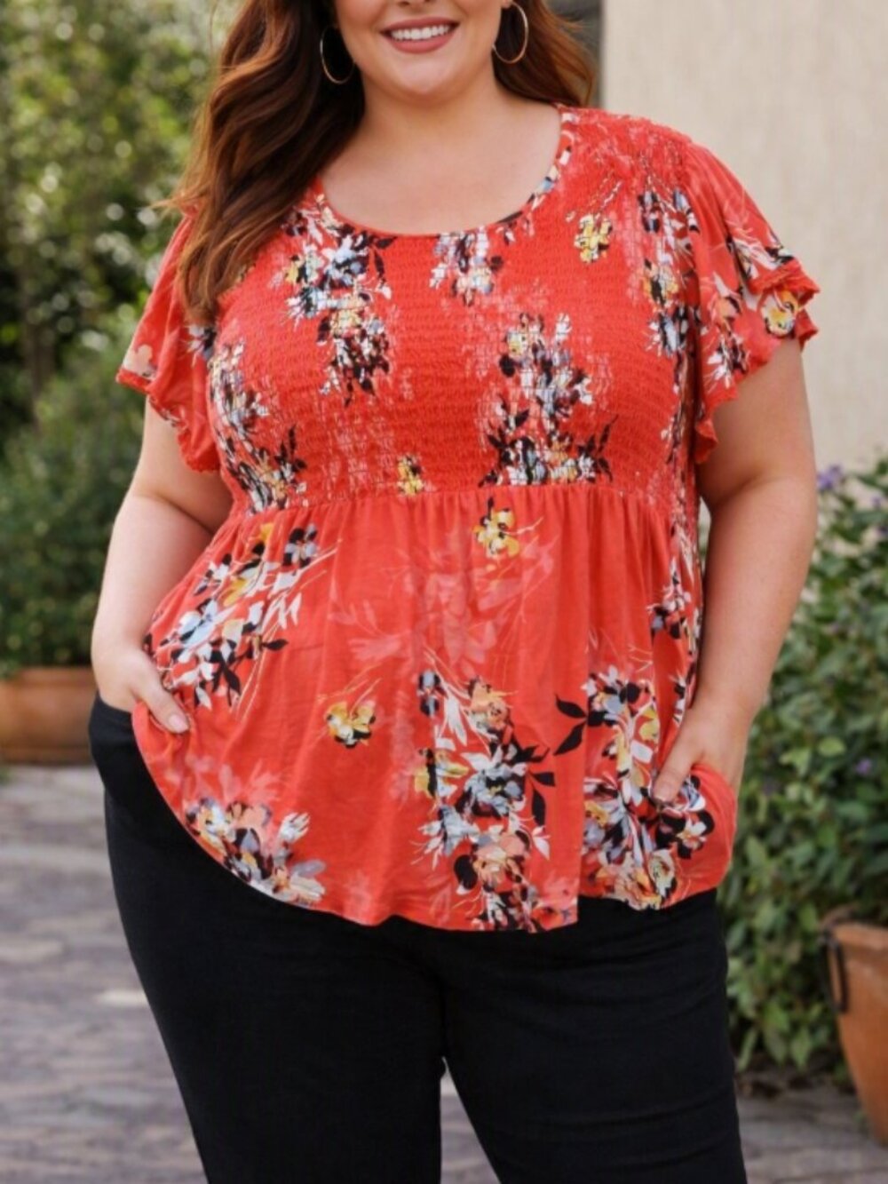 Torrid Coral Floral Smocked Top Blouse Shirt Plus 3X Boho Feminine Chic Casual